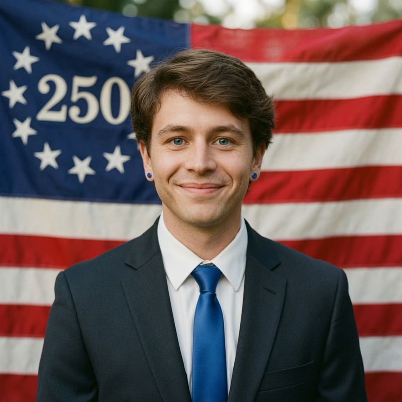 Portrait of Jake in a suit with an American 250 flag behind him.